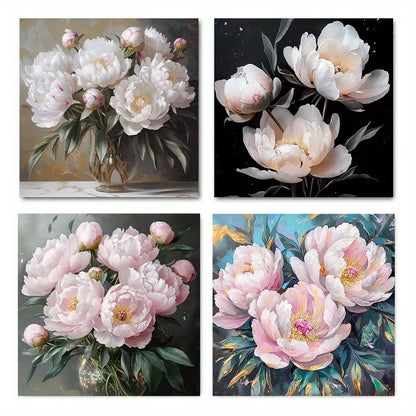 4pcs Pink & Grey Peonies er  Wall Art Canvas Framed