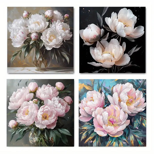 4pcs Pink & Grey Peonies er  Wall Art Canvas Framed