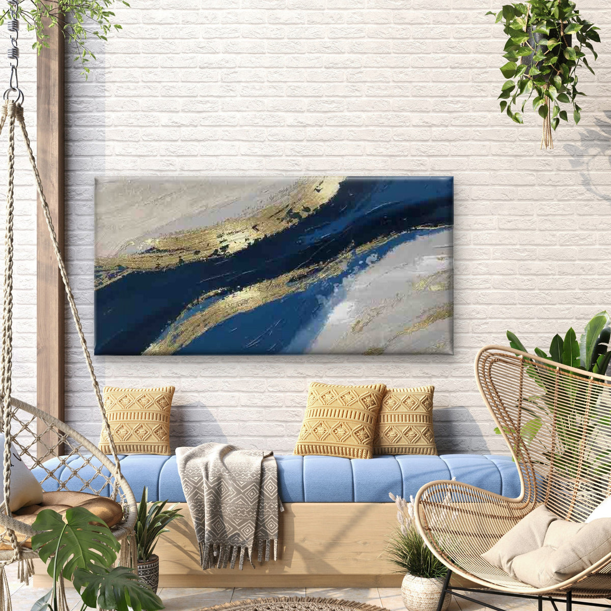 Abstract Blue & Golden Wall Art Canvas Office Home Room Framed 120x60cm