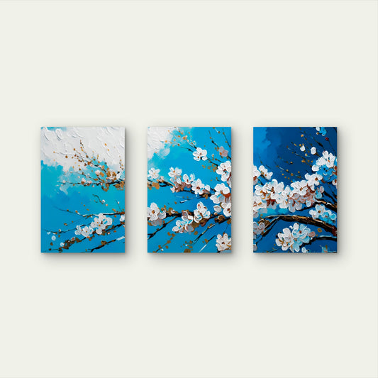 3pcs Abstract Teal White Blue Almond Blossom Wall Art Set Canvas Framed 50x70cm - High Quality Print 100% Australian Made Wall Canvas Ready to Hang