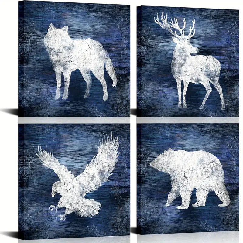 4pcs Wolf, Deer, Elk, Bear - Blue Forest  Wall Art Canvas Framed