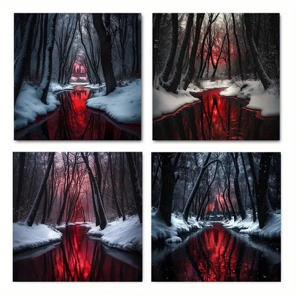 4pcs Bloodstained Reflection In Snowy Forest Wall Art Canvas Framed