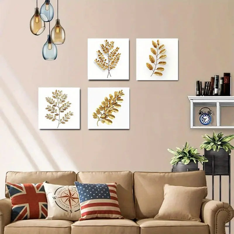 4pcs   Elegant Golden Leaves on White Backgroun   Wall Art Canvas Framed