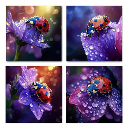 4pcs Vibrant Beetle & Flower Wall Art Canvas Framed