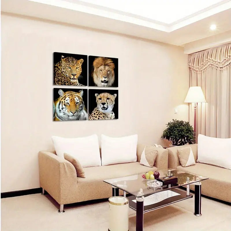 4pcs Leopard Tiger Lion Zebra Picture  Wall Art Canvas Framed