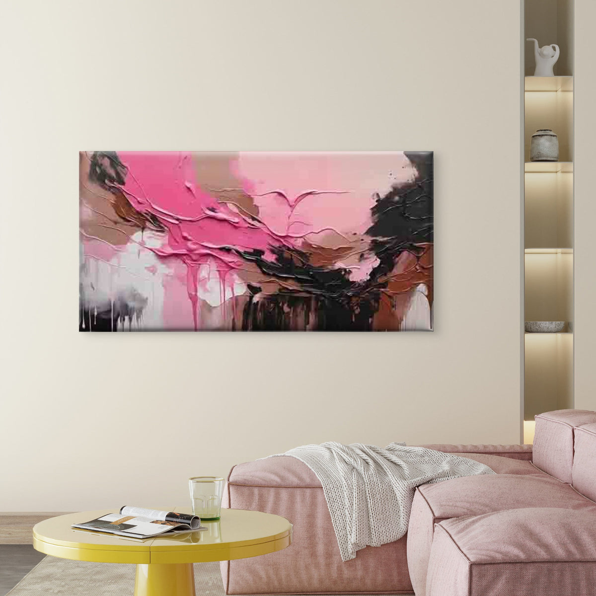 Modern Abstract Pink & Black Wall Art Canvas Office Home Room Framed 120x60cm