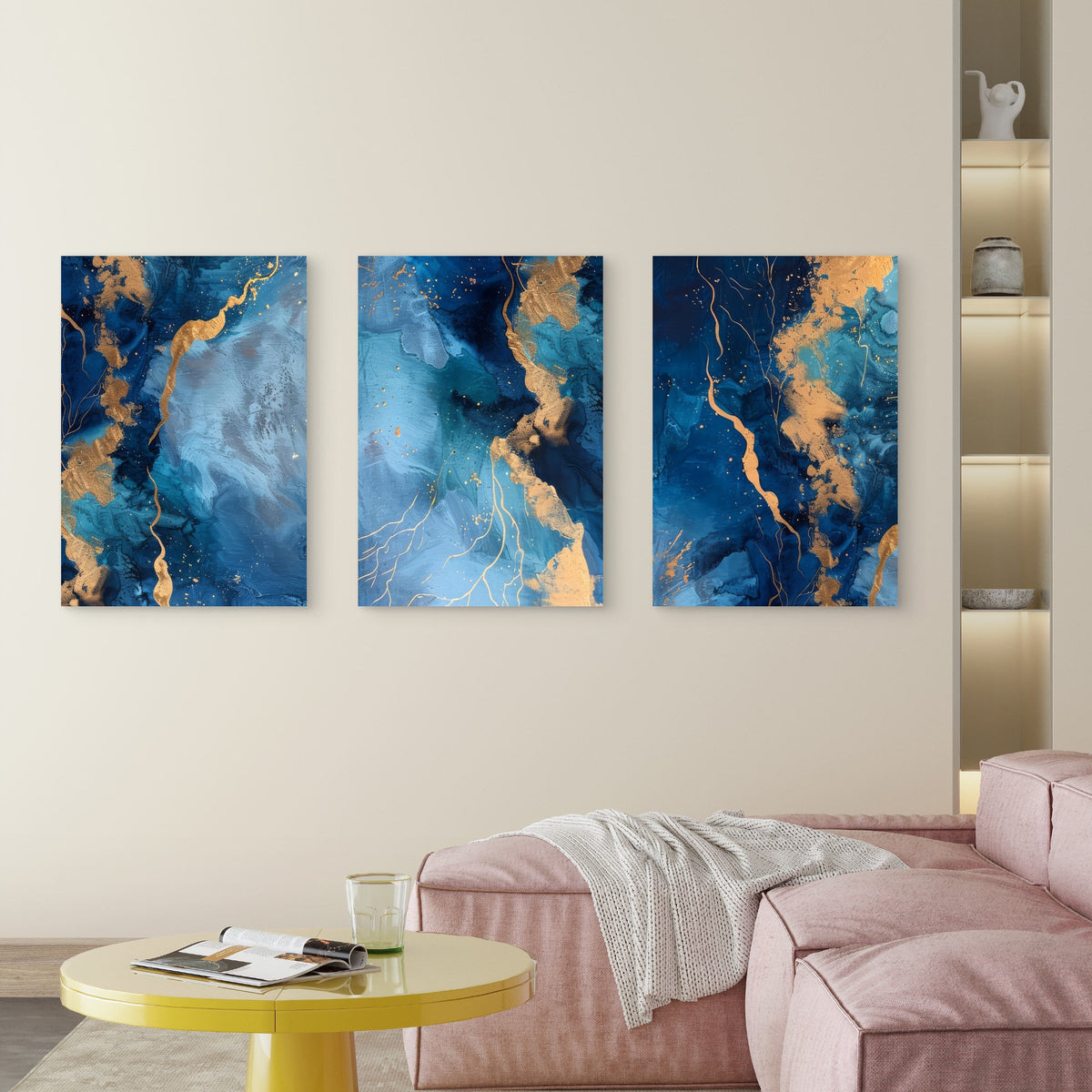 3pcs Navy Blue Teal Abstract Gold Marble Metal Print Ready to Hang Art