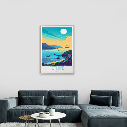Fethiye Turkey, Beach & Full Moon Paint Travel Poster Print Wall Art