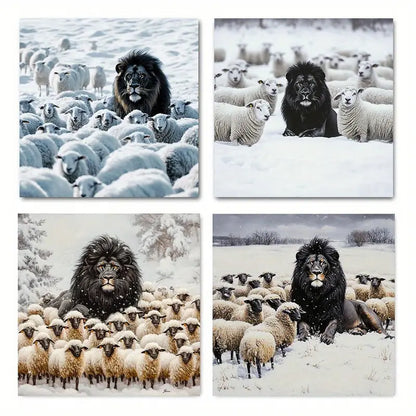 4pcs Winter Scenes With Lion & Sheep Contrast Wall Art Canvas Framed