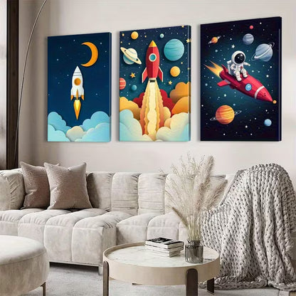 3pcs Vibrant Cartoon Rockets & Astronauts Wall Art Set Canvas Framed 40x60cm - High Quality Print 100% Australian Made Wall Canvas Ready to Hang
