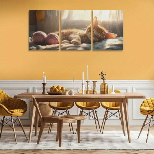 3pcs Cute Cat Sleeping on Bed Vibrant Animal Metal Print Ready to Hang Art