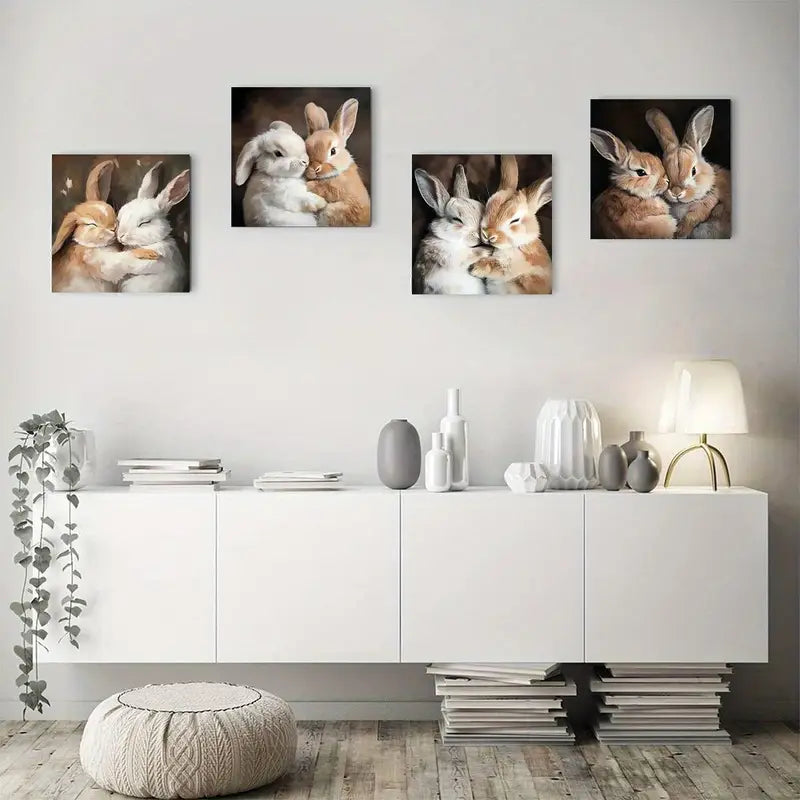 4pcs Cute Hugging Rabbits Wall Art Canvas Framed