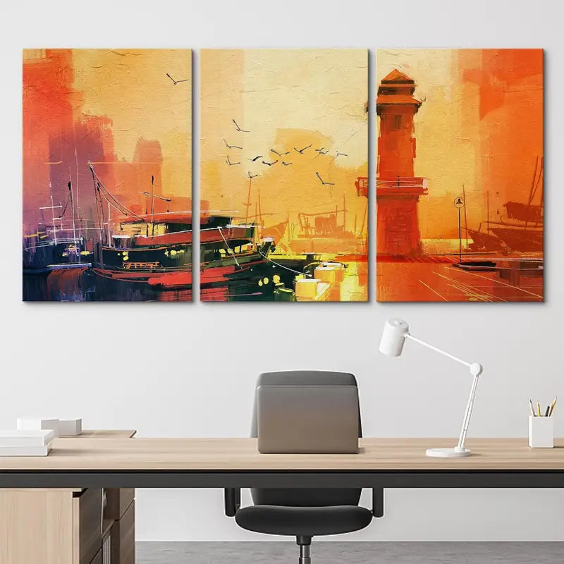 3pcs Orange Sunset Over Lighthouse Fishing Boat Metal Print Ready to Hang Art