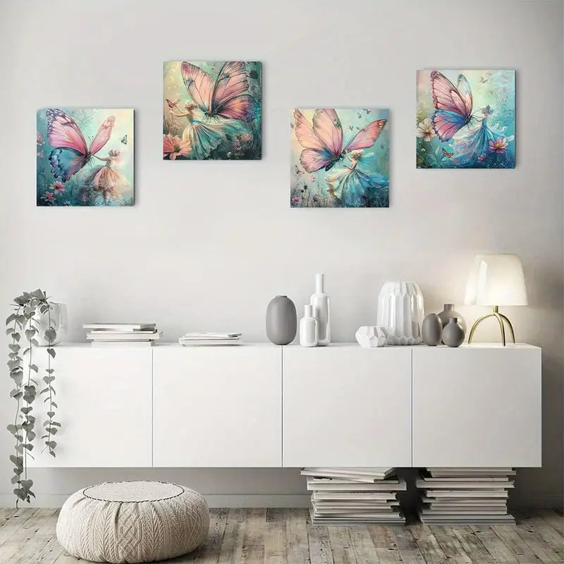 4pcs   Vintage Fairy Butterfly Floral hj    Wall Art Canvas Framed