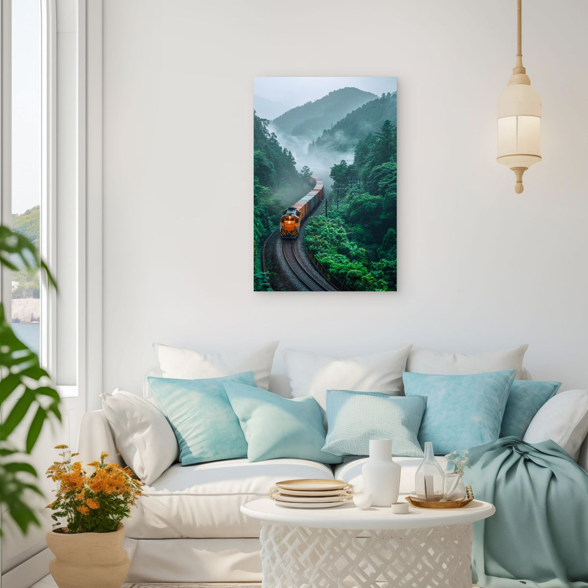 Cargo Train Passing Through Lush Mountains 60x90cm Metal Print Ready to Hang