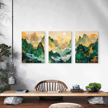 3pcs Emerald and Gold Mountain Peaks Wall Art Set Canvas Framed 60x90cm - High Quality Print 100% Australian Made Wall Canvas Ready to Hang