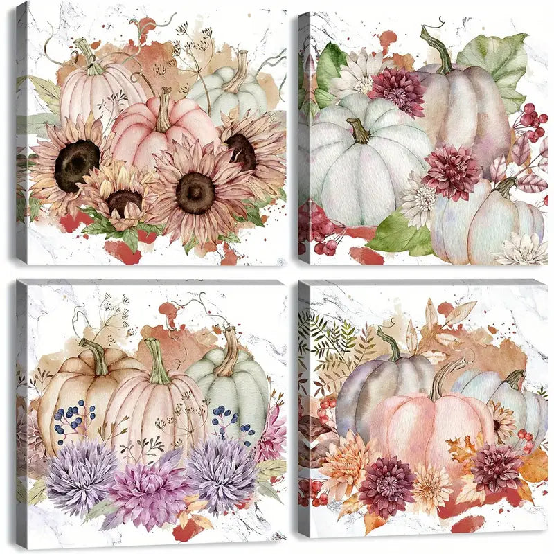 4pcs Rustic Farmhouse-Style Pumpkin & Sunflower Wall Art Canvas Framed