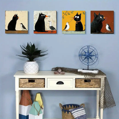 4pcs Whimsical Cat & Bird Wall Art Canvas Framed