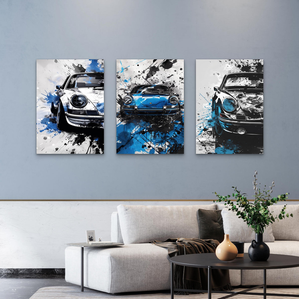 3pcs Blue And Black Sports Car Splatter Art Wall Art Set Canvas Framed 50x70cm - High Quality Print 100% Australian Made Wall Canvas Ready to Hang
