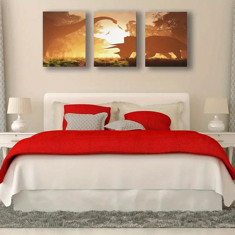 3pcs Dinosaurs In Prehistoric Jungle In The Sunset Metal Print Ready to Hang Art