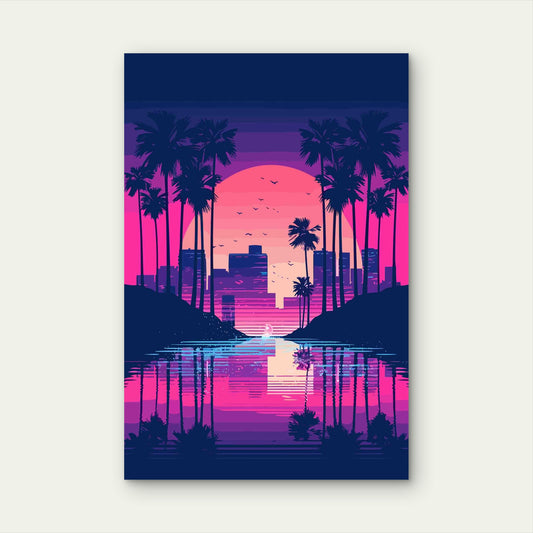 Neon Sunset Over the Synthwave City 60x90cm Metal Print Ready to Hang