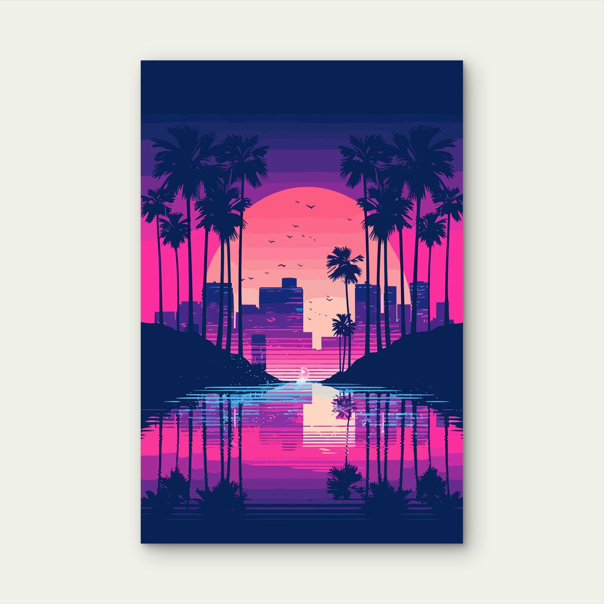 Neon Sunset Over the Synthwave City 40x60cm Metal Print Ready to Hang