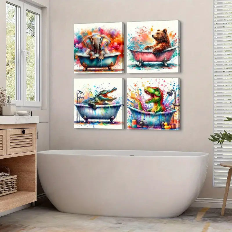 4pcs Elephant Dinosaur In Bathtub Pictures Wall Art Wall Art Canvas Framed