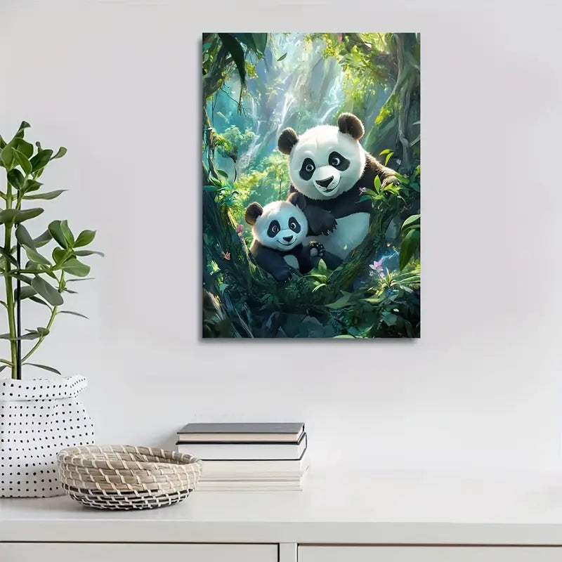Cartoon Pandas in Magical Forest with Cinematic 40x60cm Metal Print Ready to Hang