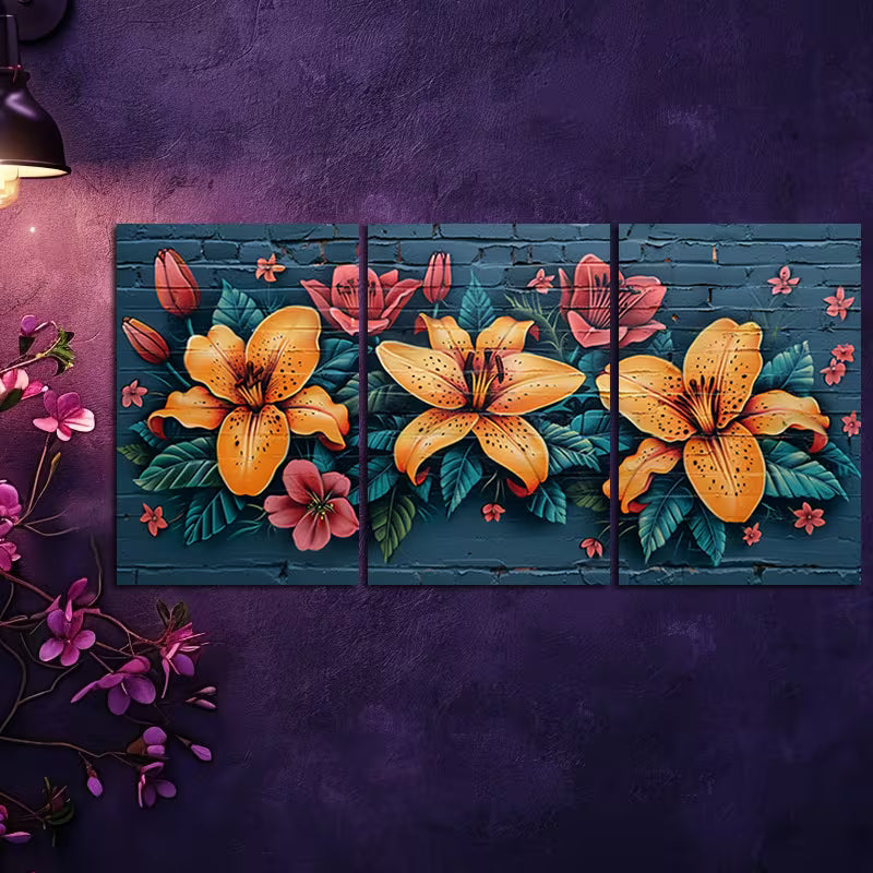 3pcs Vibrant Lilies and Roses Wall Art Set Canvas Framed 40x60cm - High Quality Print 100% Australian Made Wall Canvas Ready to Hang