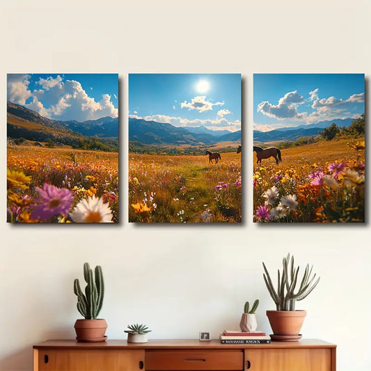 3pcs Plateau Wild Horses Landscape Scene Wall Art Set Canvas Framed 60x90cm - High Quality Print 100% Australian Made Wall Canvas Ready to Hang