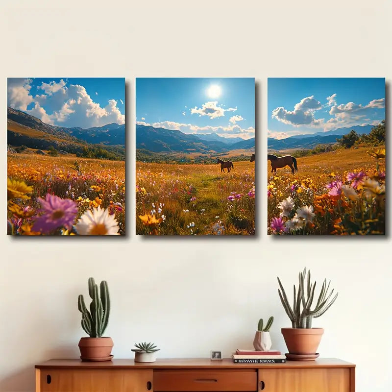 3pcs Plateau Wild Horses Landscape Scene Wall Art Set Canvas Framed 50x70cm - High Quality Print 100% Australian Made Wall Canvas Ready to Hang
