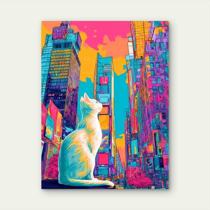 Vibrant Neon Cityscape with Fluffy White Cat 60x90cm Metal Print Ready to Hang