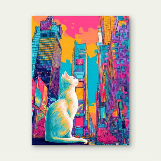 Vibrant Neon Cityscape with Fluffy White Cat 60x90cm Metal Print Ready to Hang