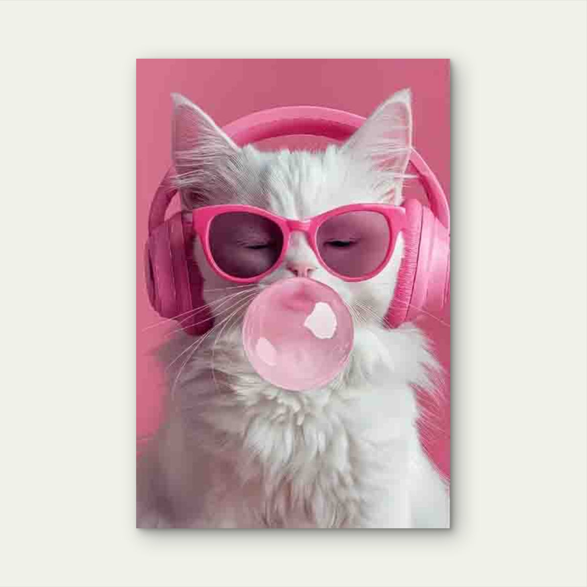 White Cat With Pink Headphones 60x90cm Metal Print Ready to Hang