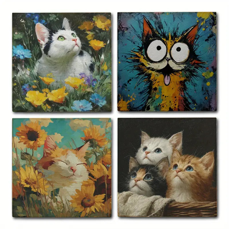 4pcs  Funny Cat Wall Art Canvas Framed