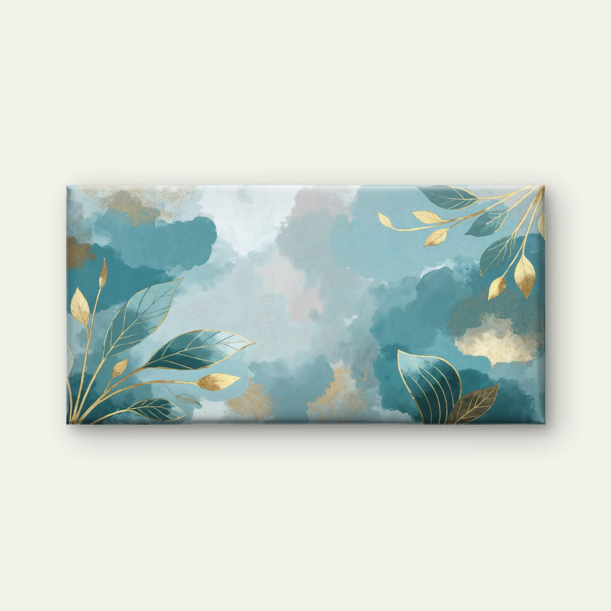 Turquoise Tides Gilded Foliage Wall Art Canvas Office Home Room Framed 120x60cm