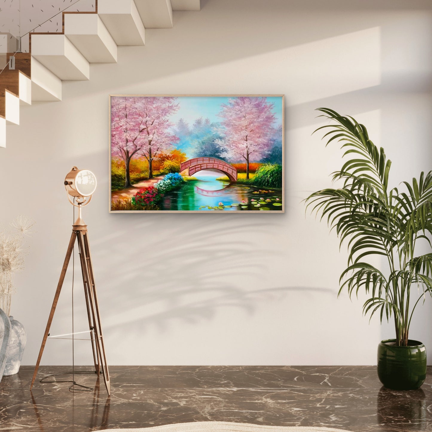 Pink Blossom Bridge Over the Lake Wall Art Decor 100% Australian Made