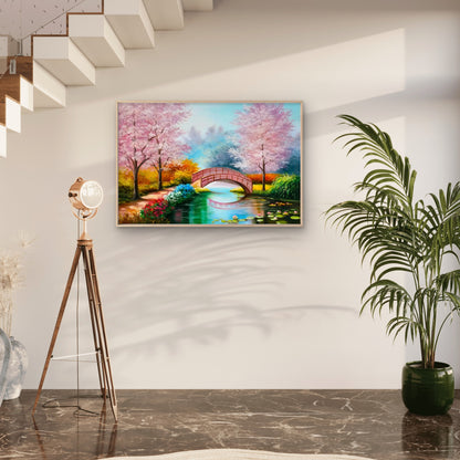 Pink Blossom Bridge Over the Lake Wall Art Decor 100% Australian Made