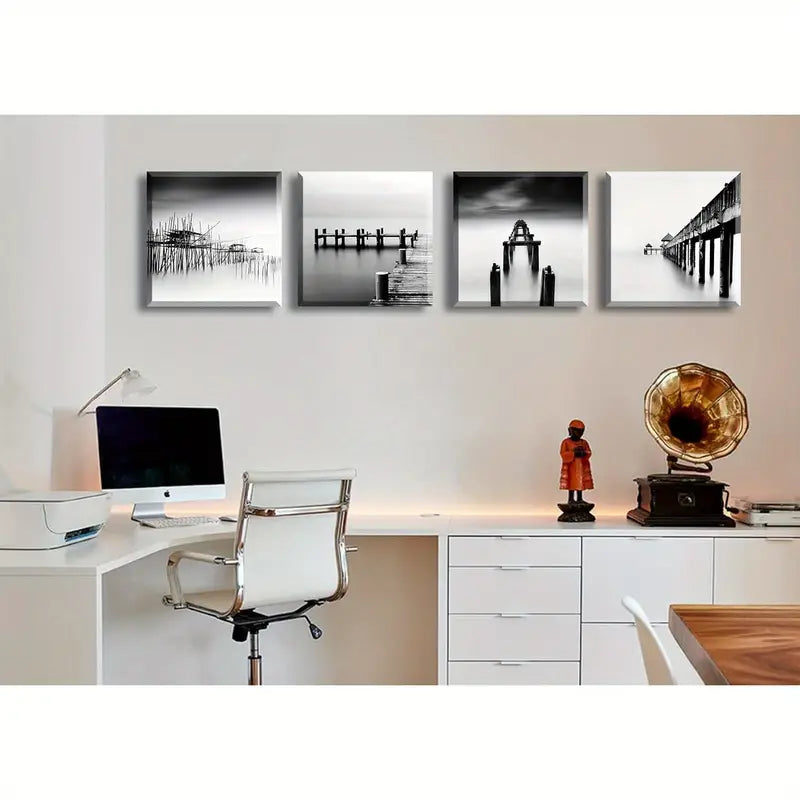 4pcs  Black and White Coastal Beach Wall Art Canvas Framed