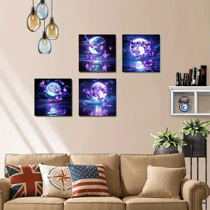 4pcs Enchanting Full Moon & Purple Butterfly Wall Art Canvas Framed