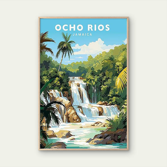 Rios Jamaica Caribbean Waterfall & Palm Tree Travel Poster Print Wall Art
