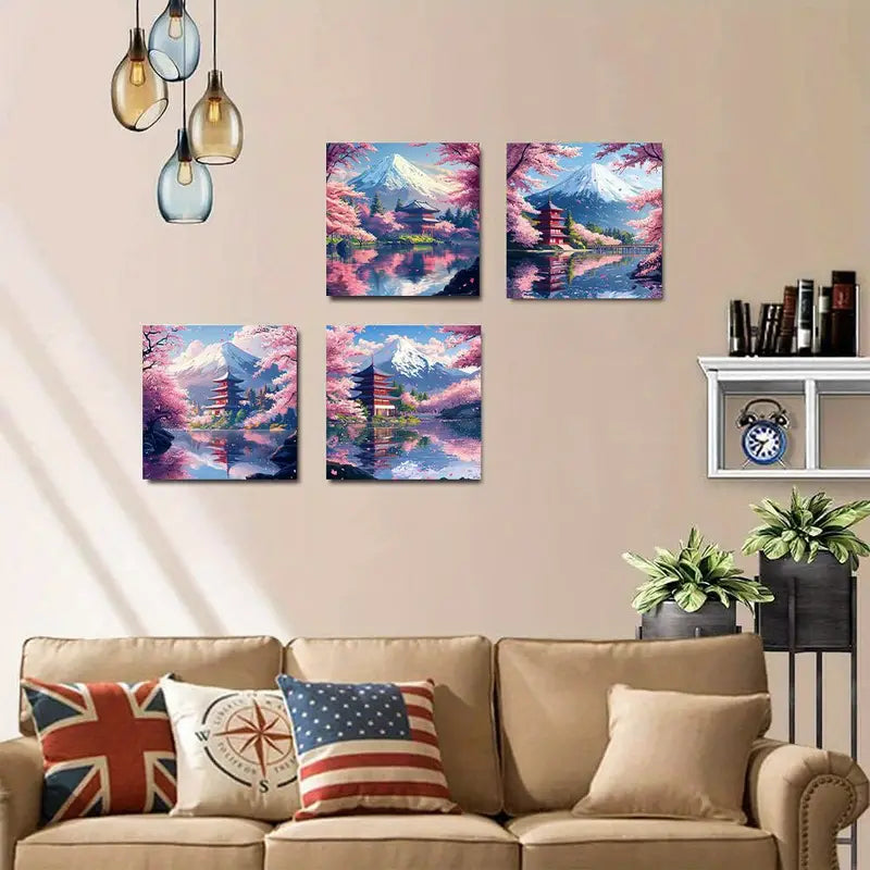 4pcs  Sakura Lake Cottage Mountain SK  Wall Art Canvas Framed