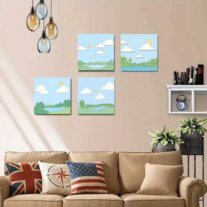 4pcs Sun, Clouds, And Water, Perfect Wall Art Canvas Framed