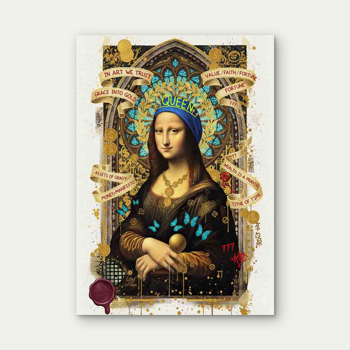 Graffiti Crowned Woman Smiling Serenely 40x60cm Metal Print Ready to Hang
