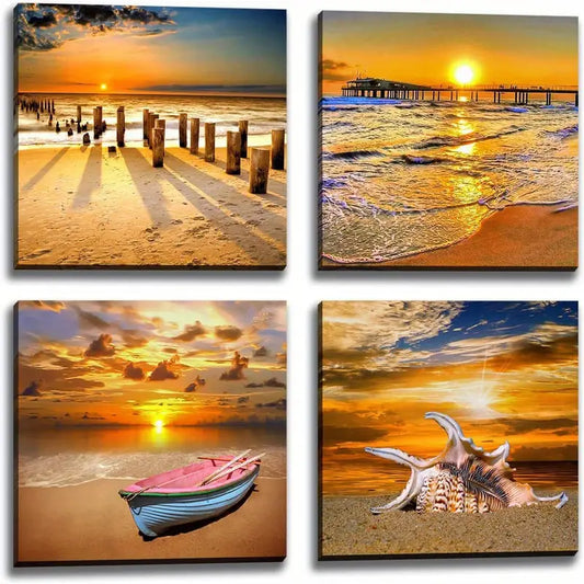 4pcs Holiday Art Ocean Sunset  Art Canvas Framed