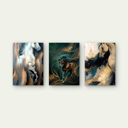 3pcs Abstract Running Horses Painting Teal Gold Wall Art Set Canvas Framed 60x90cm - High Quality Print 100% Australian Made Wall Canvas Ready to Hang
