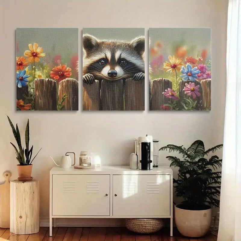3pcs Colorful Floral with Raccoon Peeking from Fence Metal Print Ready to Hang Art