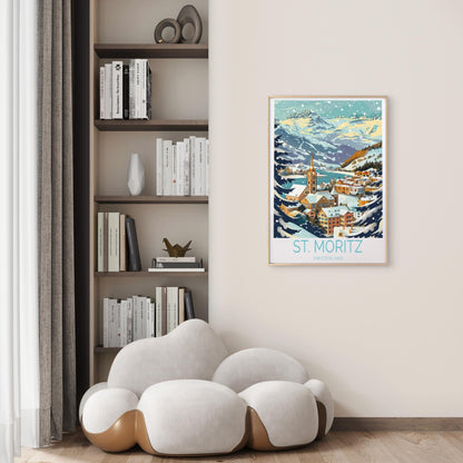 St. Moritz Switzerland, Mountains & City Travel Poster Print Wall Art