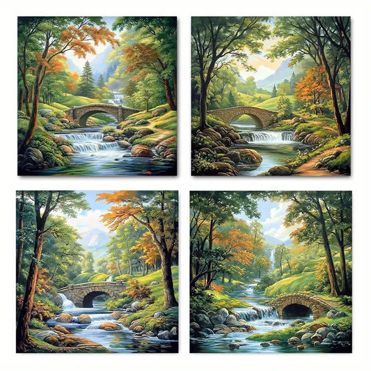 4pcs  Serene River Scenes with Fall Foliage    Wall Art Canvas Framed