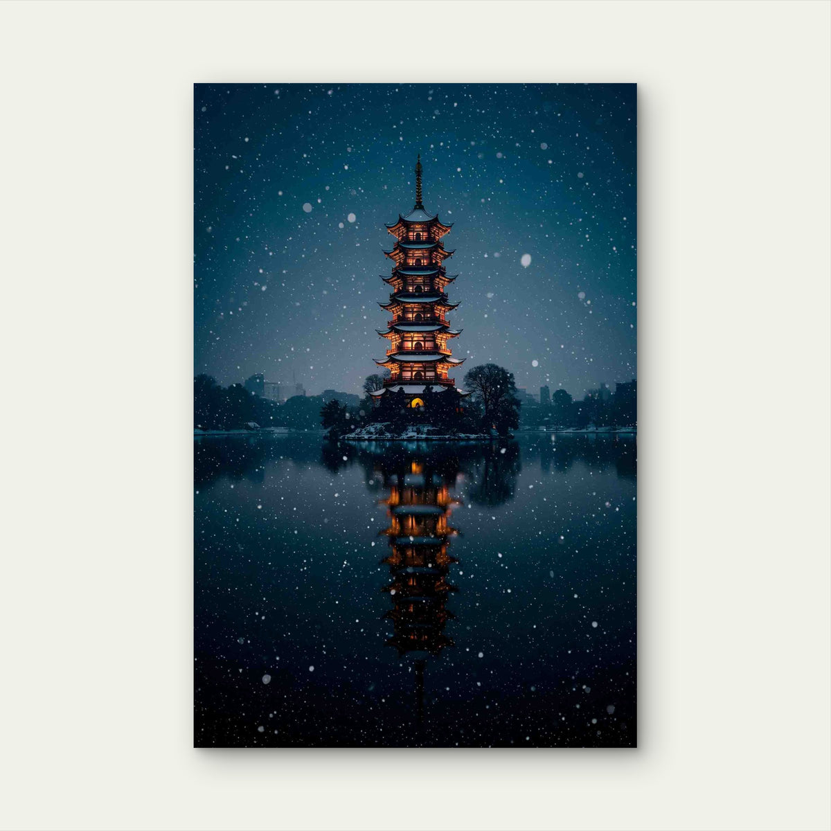 Japanese Pagoda Winter Wonderland 60x90cm Metal Print Ready to Hang